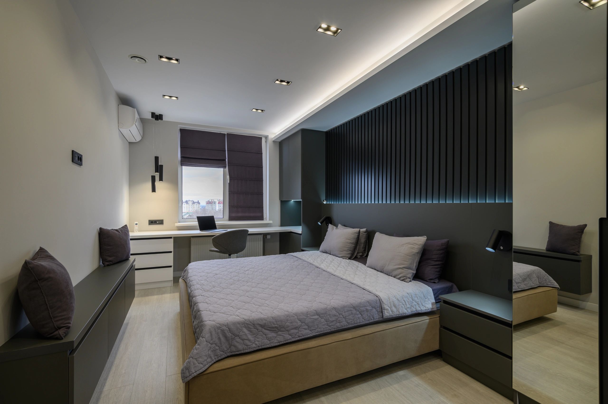 Elegant modern bedroom with warm lighting
