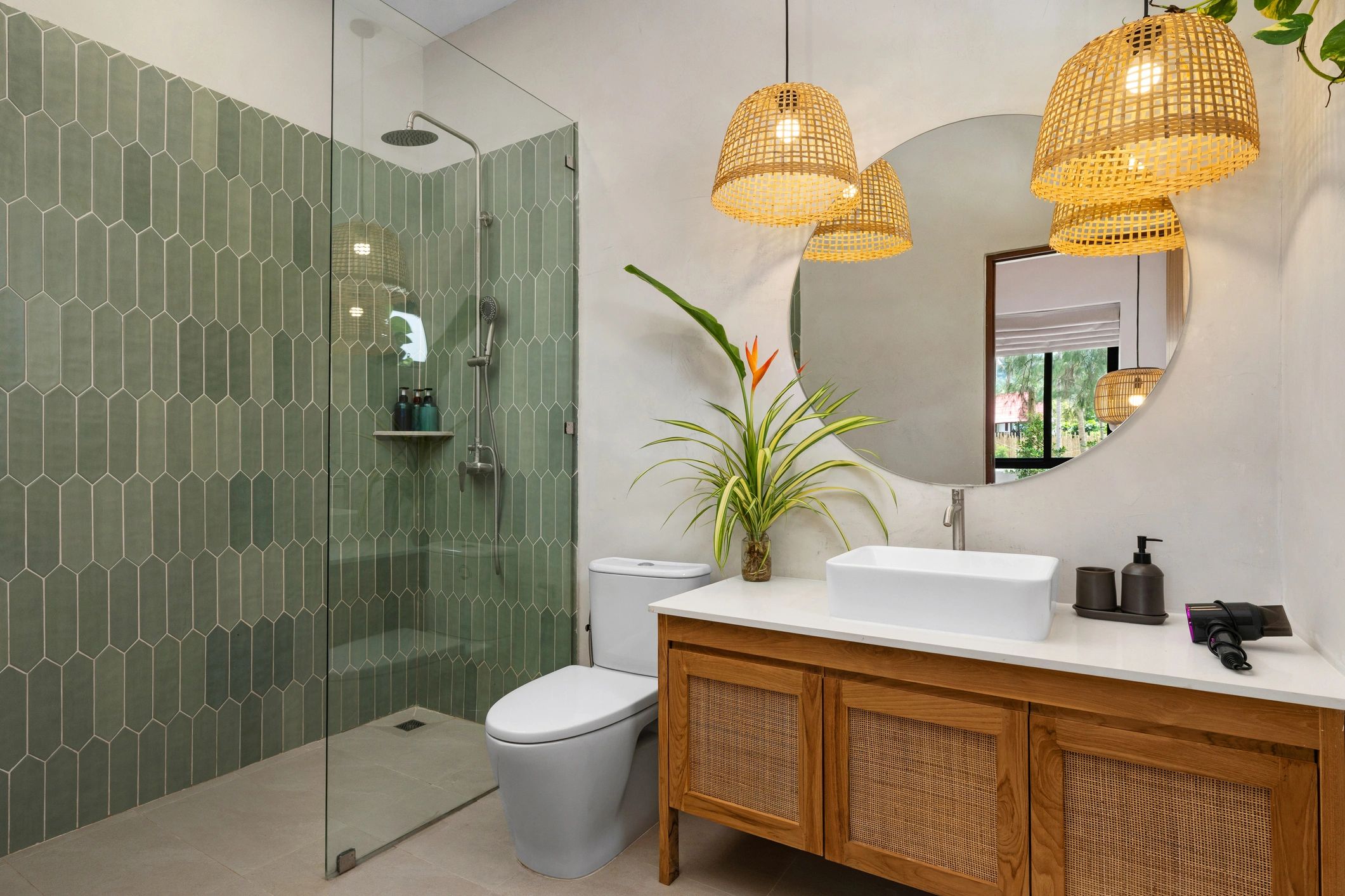 Modern bathroom with walk-in shower and wooden vanity